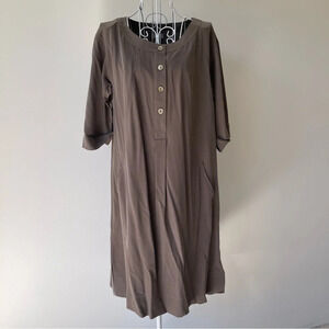 J Jill 3/4 sleeve quarter button silk pockets midi dress olive green size XS